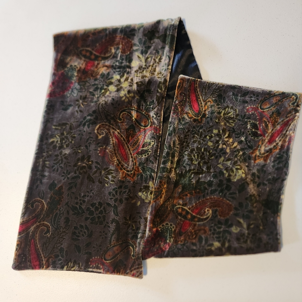 Vintage Silk 90s Black Velvet Scarf Orange Floral Brocade 1990s Goth Paisley - Picture 1 of 4